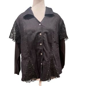 LAFEI NIER SZ 14 black lace and rhinestone snap front long sleeve jacket/top